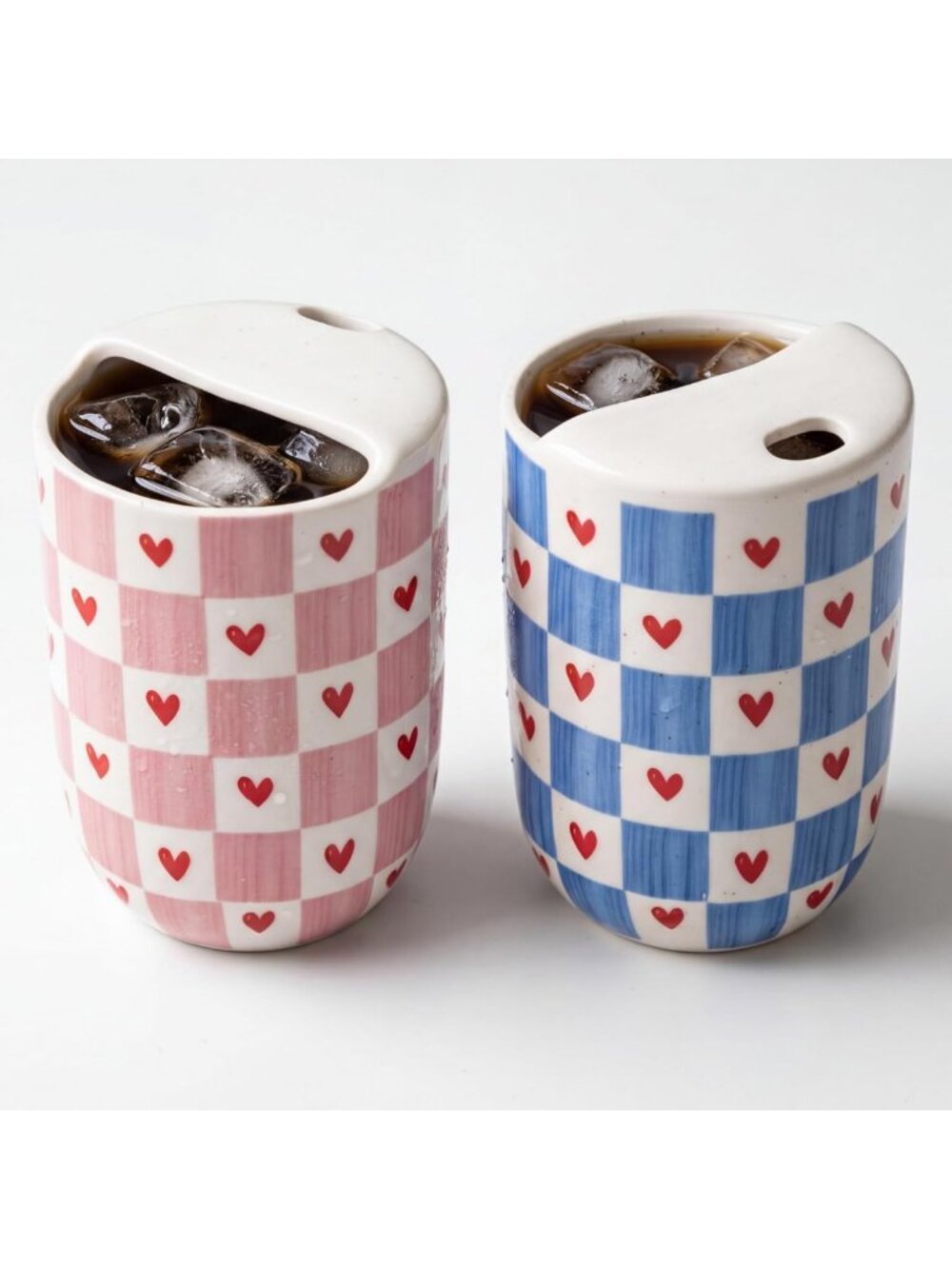 Set of 2 Retro Hand-Painted Ceramic Coffee Mugs, Cute Heart & Plaid Design